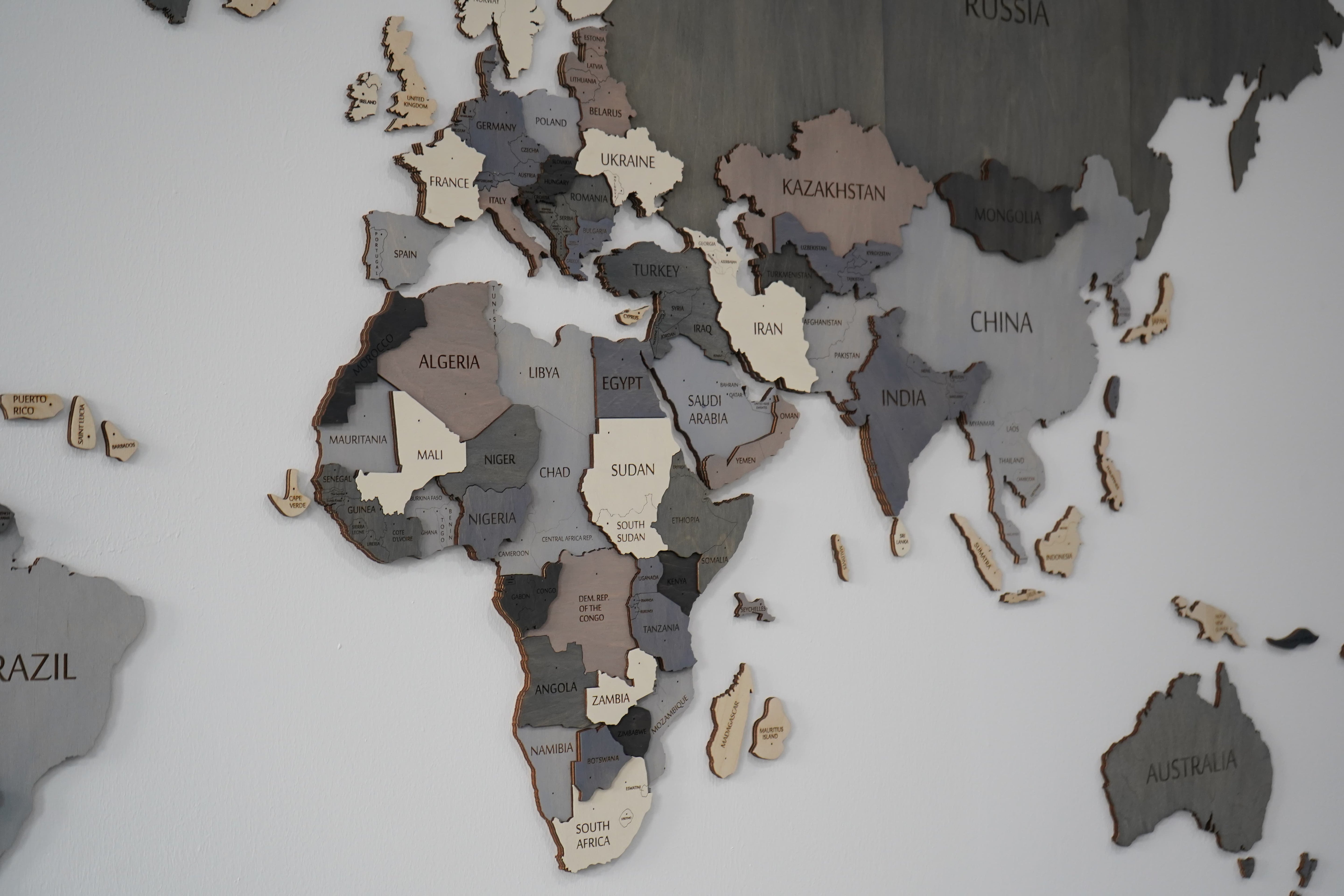3D Blue Grey White Wooden World Map