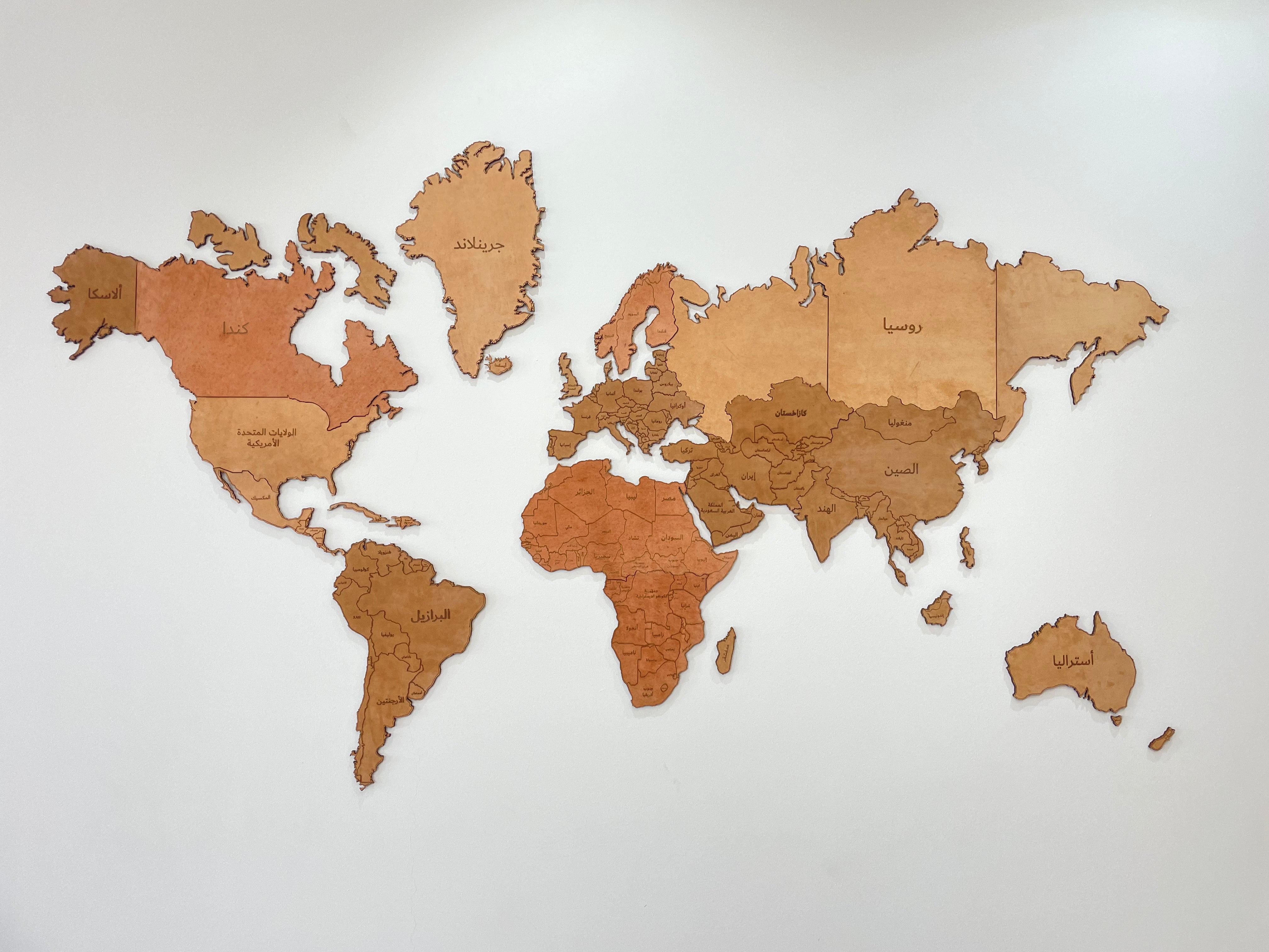 Custom Luxury Natural Camel Leather Stitched World Map