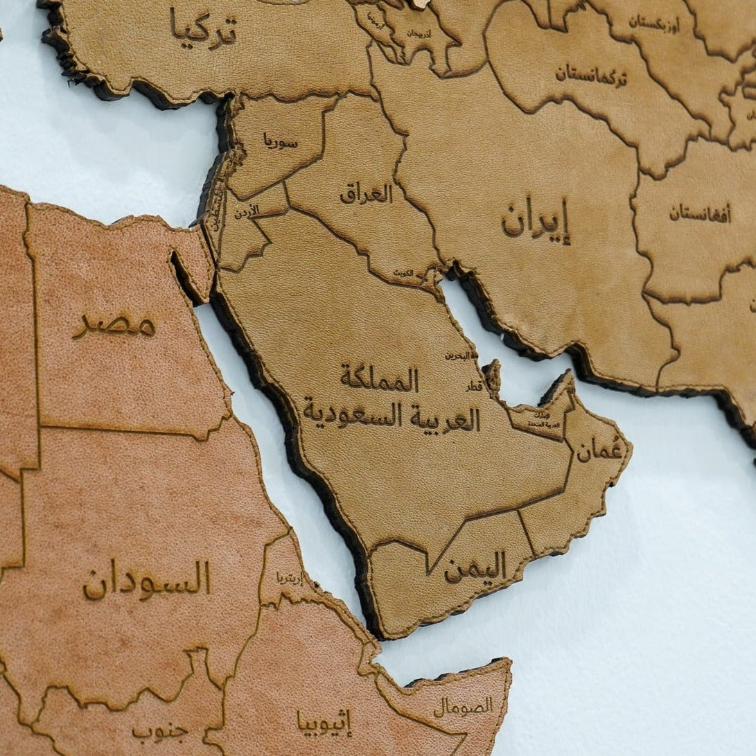 Custom Luxury Natural Camel Leather Stitched World Map