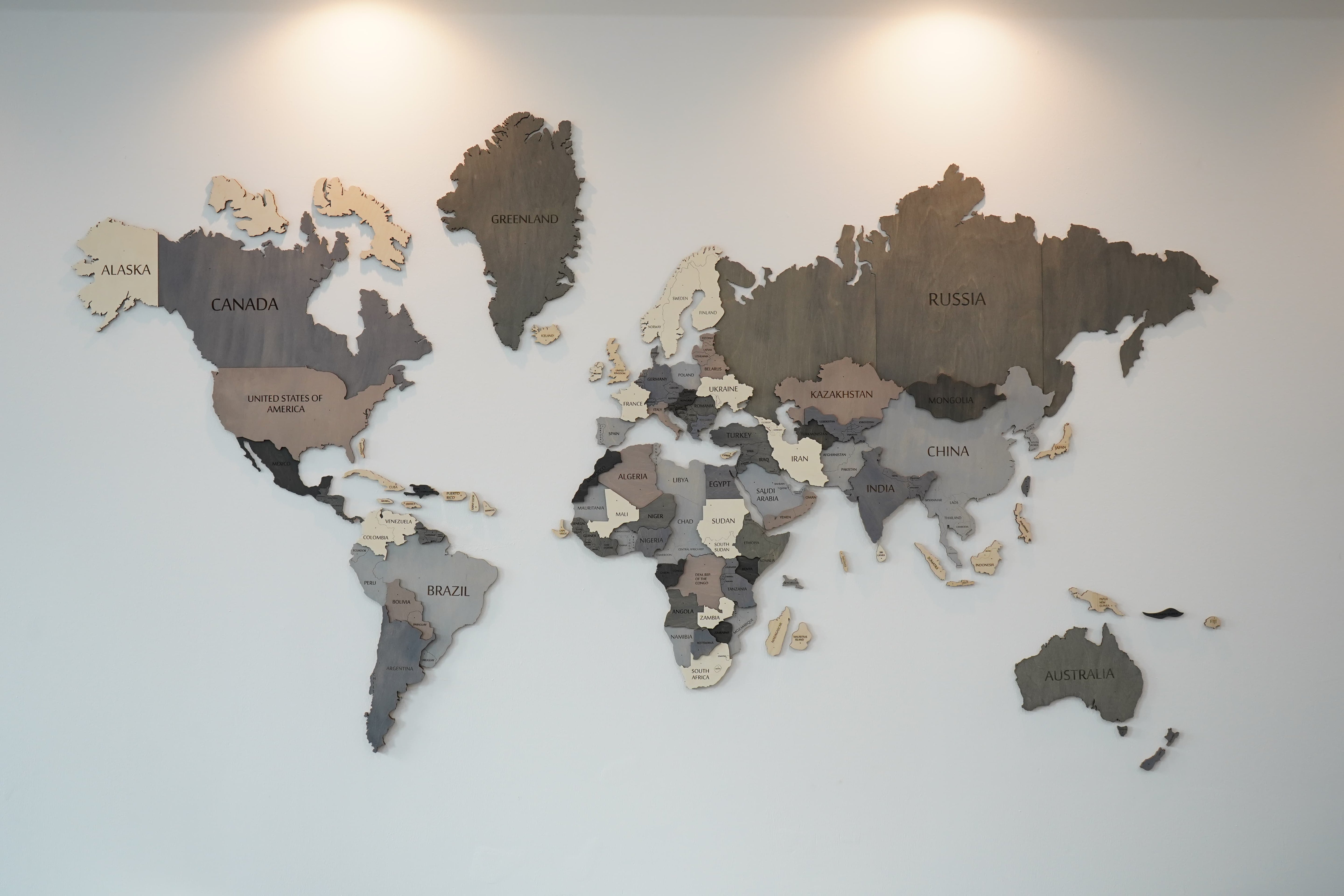 3D Blue Grey White Wooden World Map