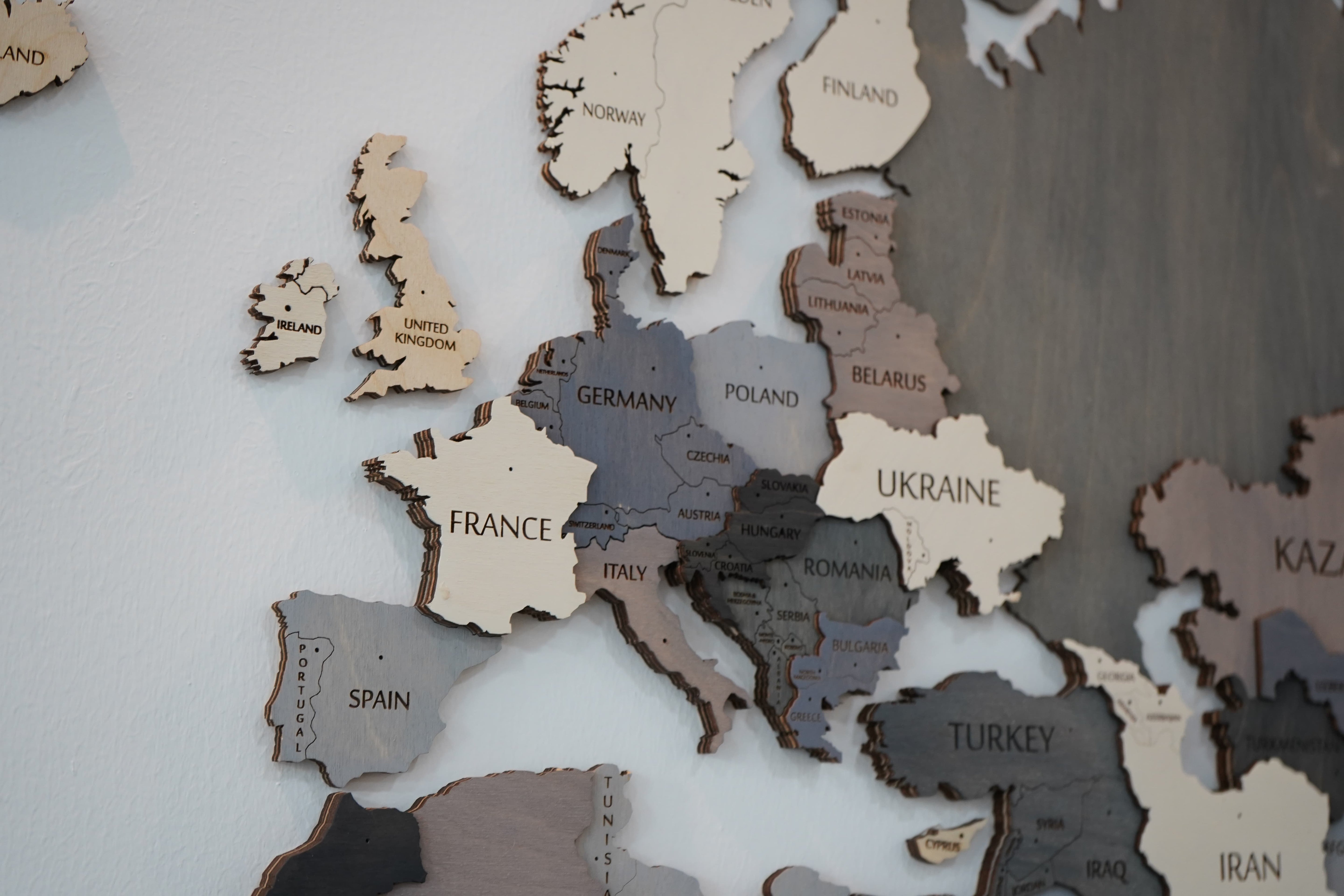 3D Blue Grey White Wooden World Map